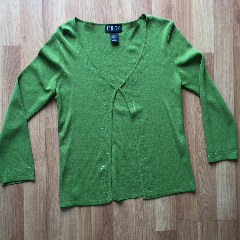 FINITY green beaded long sleeve cardigan EUC